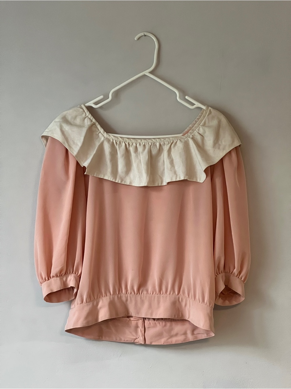 Vintage Nipon Boutique Pink Ruffle Blouse with Cream Trim